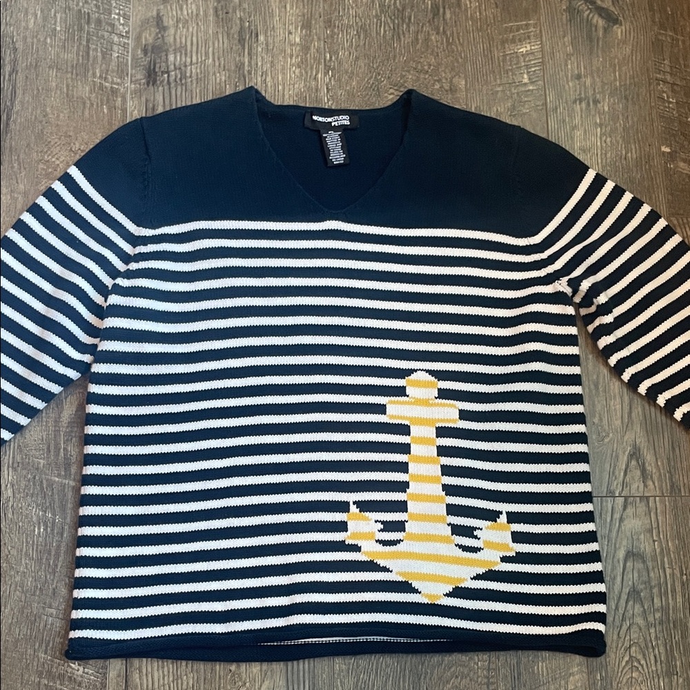 Norton Studio Petite Nautical Striped V-Neck Sweater Size Large - Picture 5 of 7